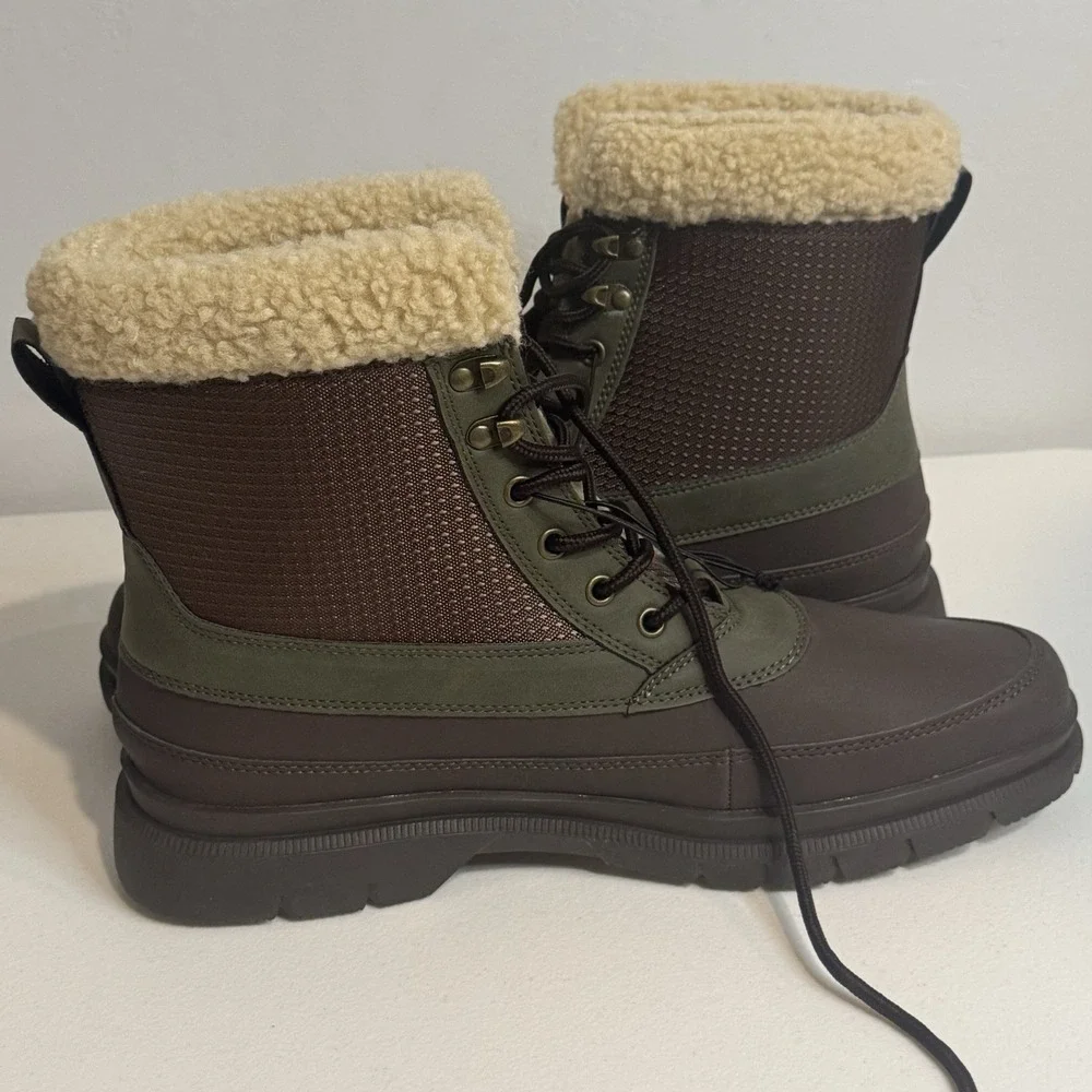 Khombu Mens Tall Winter Thermo Lite Fuzzy Lining Brown Green Boots Size 12M NEW